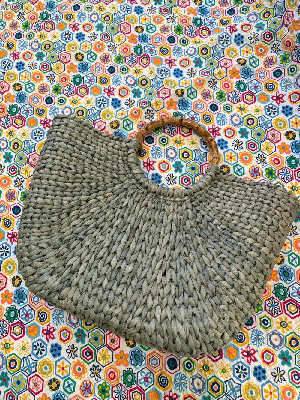 Charter Club Olive Green Woven Tote with Bamboo Handles
